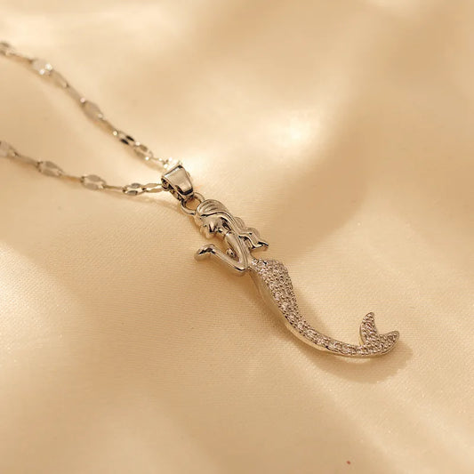 Titanium Steel Cute Lady Classic Style Mermaid Inlay Artificial Rhinestones Pendant Necklace