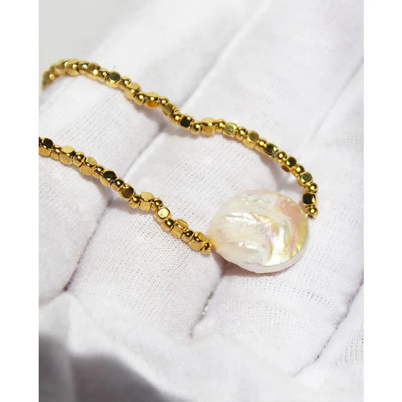 Vacuum Electroplating Baroque Pearl Gold Small Square Beads Clavicle Chain Necklace