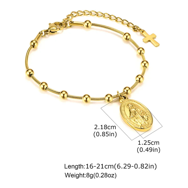 Vintage Style Classic Style Cross Virgin Mary 304 Stainless Steel 18K Gold Plated Cable Chain Bracelets In Bulk Stainless Steel Bracelets