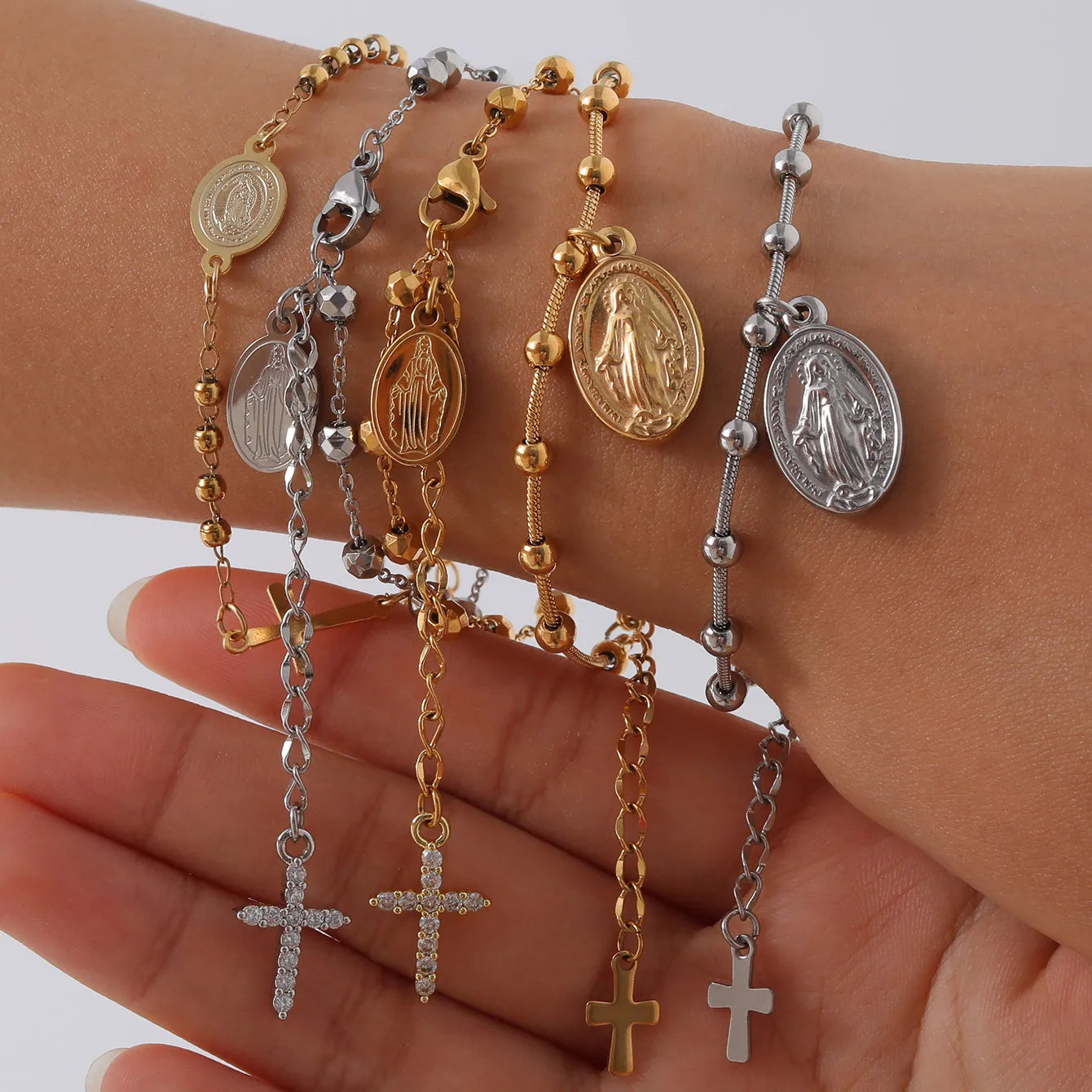 Vintage Style Classic Style Cross Virgin Mary 304 Stainless Steel 18K Gold Plated Cable Chain Bracelets In Bulk Stainless Steel Bracelets