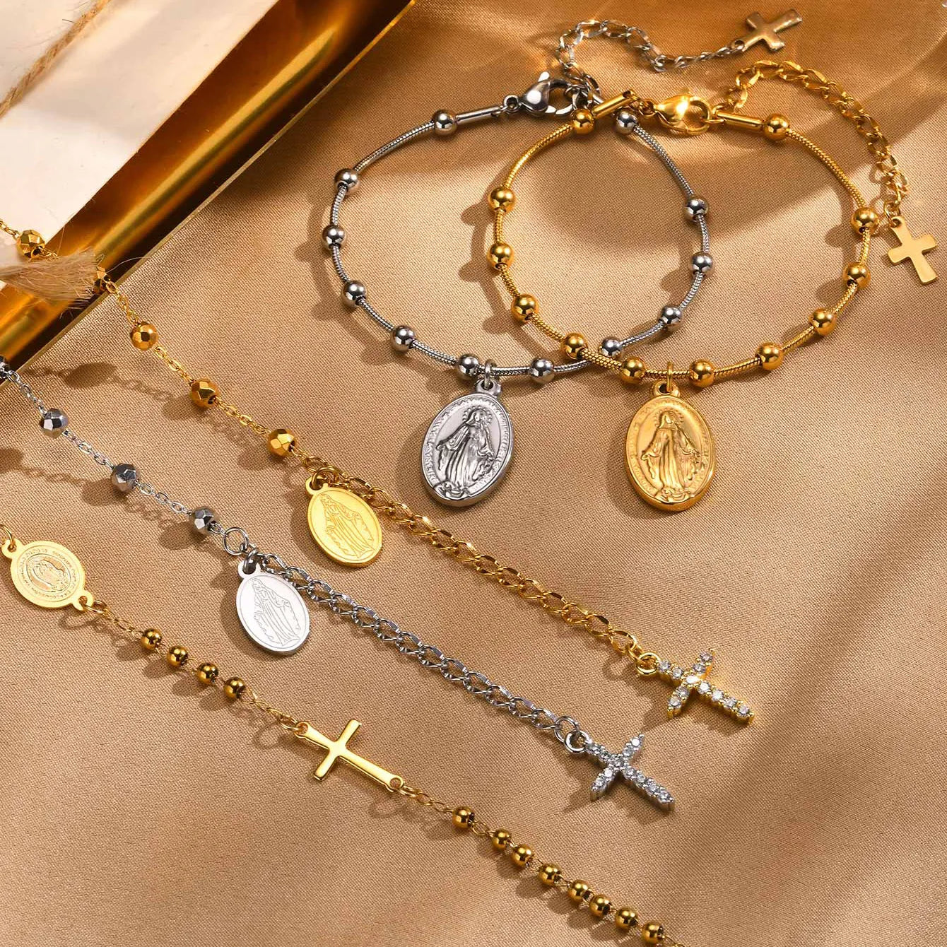 Vintage Style Classic Style Cross Virgin Mary 304 Stainless Steel 18K Gold Plated Cable Chain Bracelets In Bulk Stainless Steel Bracelets