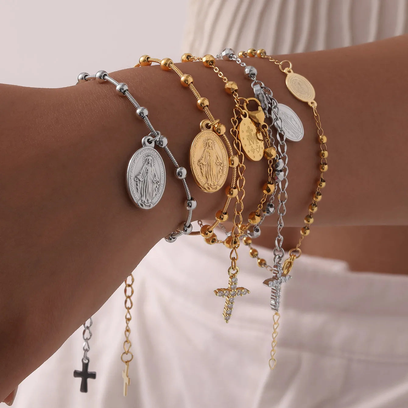 Vintage Style Classic Style Cross Virgin Mary 304 Stainless Steel 18K Gold Plated Cable Chain Bracelets In Bulk Stainless Steel Bracelets