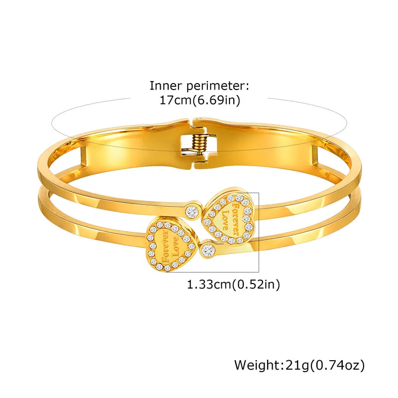 Vintage Style Heart Shape 304 Stainless Steel 18K Gold Plated Zircon Bangle In Bulk Stainless Steel Bracelets