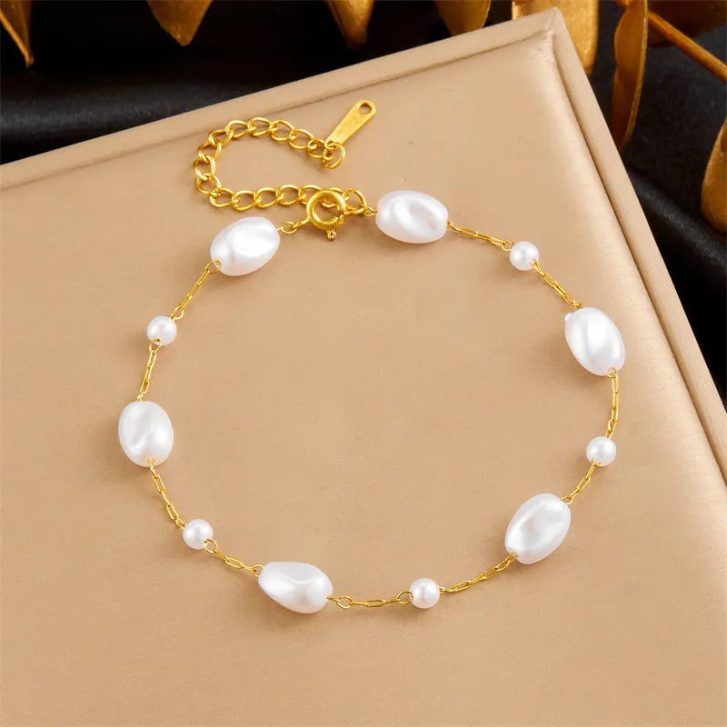 Vintage Style Pearl 304 Stainless Steel Bracelets In Bulk