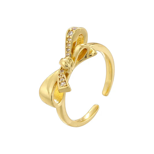 Wholesale Casual Simple Style Bow Knot Copper Plating Inlay 18K Gold Plated Zircon Open Rings