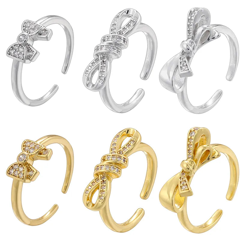 Casual Simple Style Bow Knot Copper Plating Inlay 18K Gold Plated Zircon Open Rings