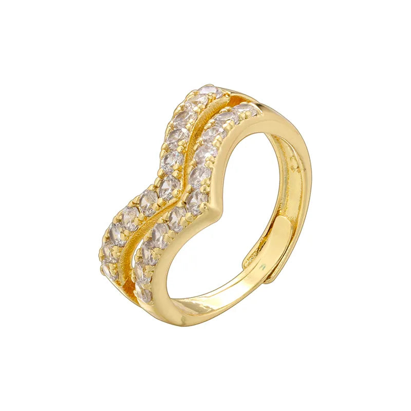 Classic Style V Shape Twist Copper Plating Inlay 18K Gold Plated Zircon Open Rings