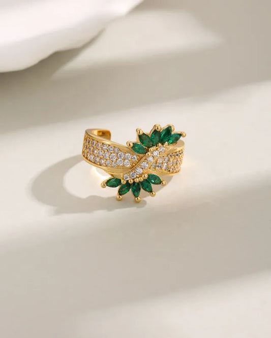 Wholesale Elegant Luxurious Petal Copper Inlay 18K Gold Plated Zircon Open Rings