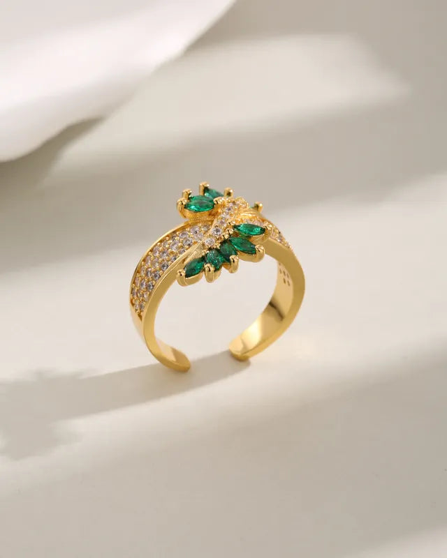 Wholesale Elegant Luxurious Petal Copper Inlay 18K Gold Plated Zircon Open Rings