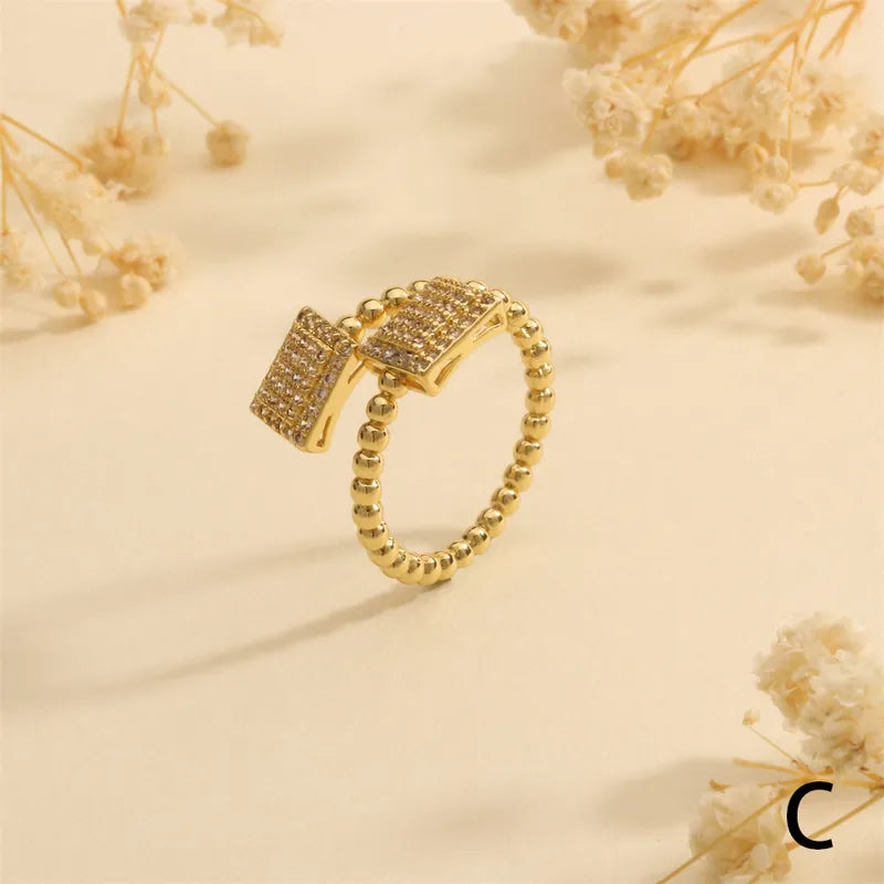 Modern Style Round Square Copper Layered Inlay 18K Gold Plated Zircon Open Rings