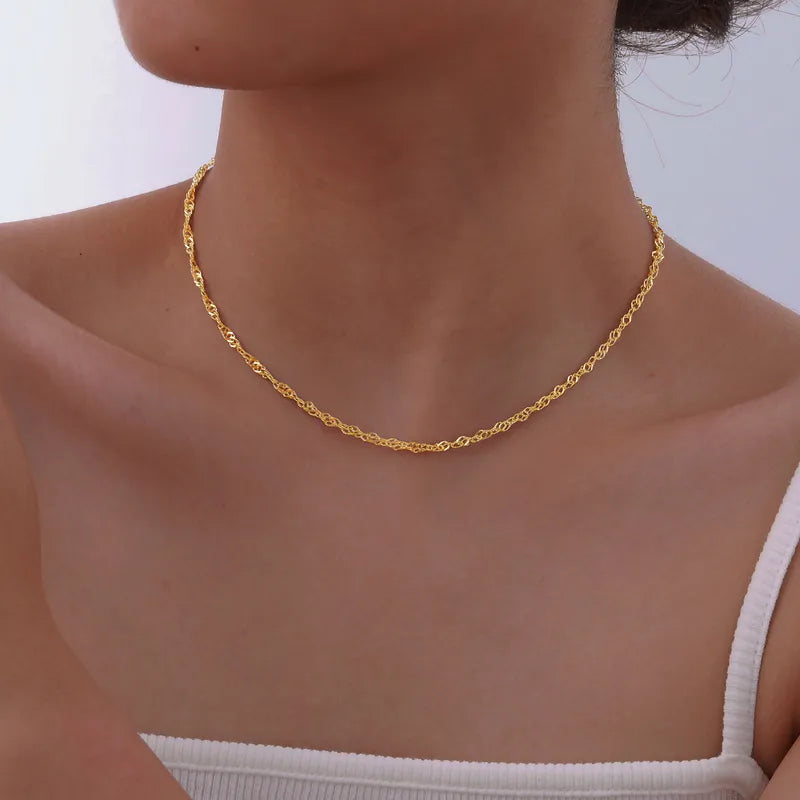 Wholesale Jewelry Basic Simple Style Solid Color 201 Stainless Steel 18K Gold Plated Necklace Water Wave Chain