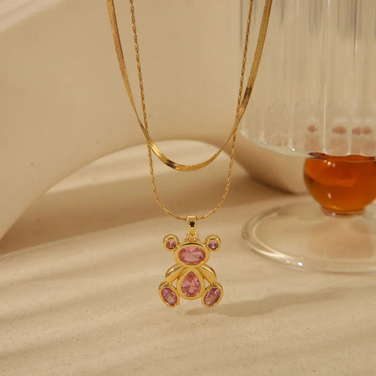 Wholesale Jewelry Basic Sweet Little Bear 304 Stainless Steel Zircon 18K Gold Plated Pendant Necklace