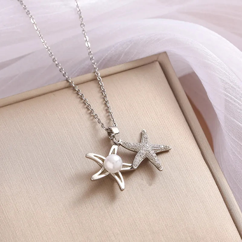 Wholesale Jewelry Casual Beach Starfish 304 Stainless Steel Pearl Zircon Plating Inlay Pendant Necklace