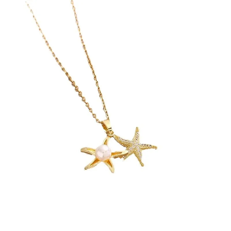 Wholesale Jewelry Casual Beach Starfish 304 Stainless Steel Pearl Zircon Plating Inlay Pendant Necklace