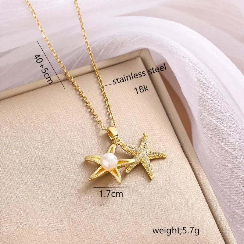 Wholesale Jewelry Casual Beach Starfish 304 Stainless Steel Pearl Zircon Plating Inlay Pendant Necklace