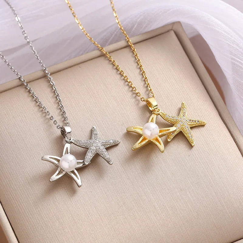 Wholesale Jewelry Casual Beach Starfish 304 Stainless Steel Pearl Zircon Plating Inlay Pendant Necklace