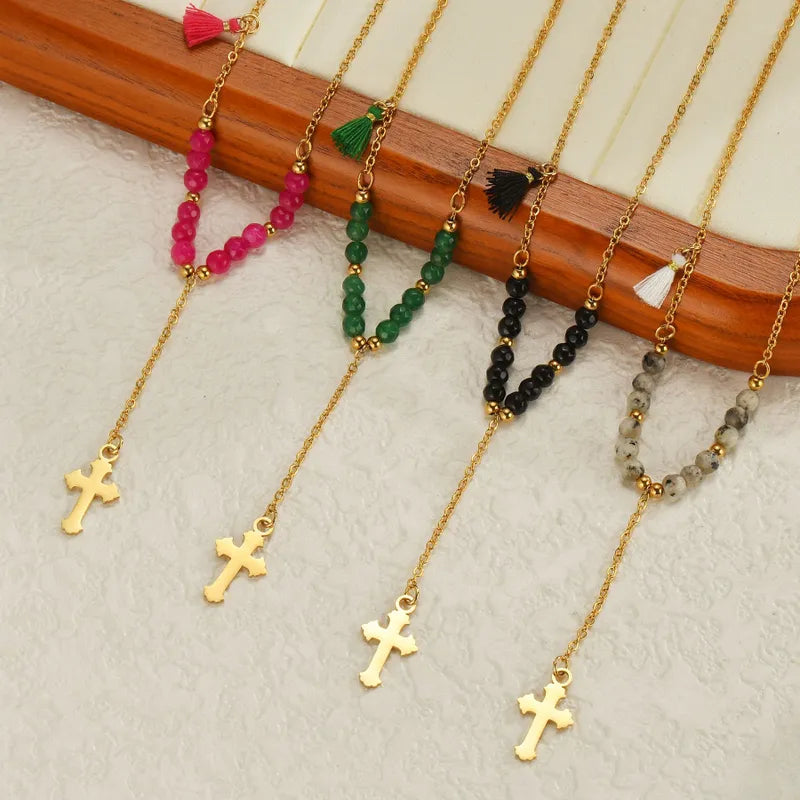 Wholesale Jewelry Casual Bohemian Cross 304 Stainless Steel Beaded Tassel Pendant Necklace