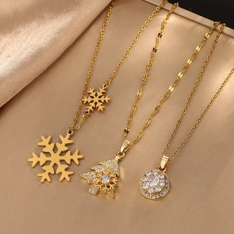 Casual Christmas Streetwear Round Christmas Tree Snowflake 304 Stainless Steel Pendant Necklace