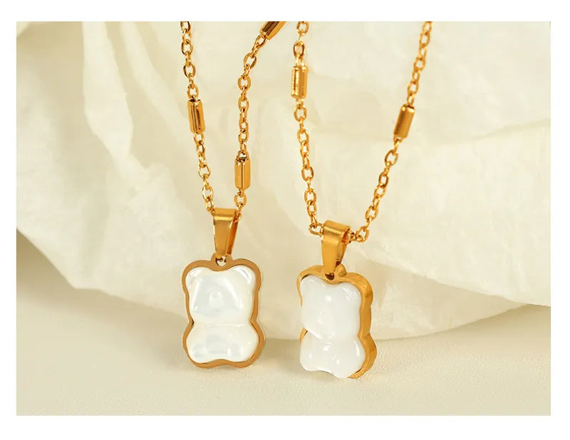 Wholesale Jewelry Casual Cute French Style Bear 304 Stainless Steel Shell 18K Gold Plated Polishing Inlay Pendant Necklace