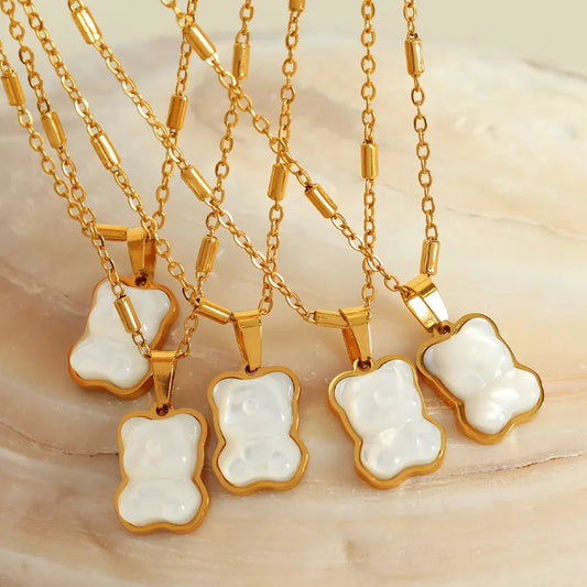 Wholesale Jewelry Casual Cute French Style Bear 304 Stainless Steel Shell 18K Gold Plated Polishing Inlay Pendant Necklace