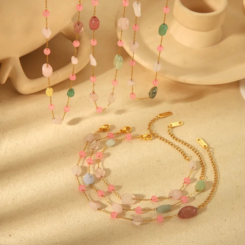 Wholesale Jewelry Casual Elegant Hawaiian Geometric 304 Stainless Steel Gravel 18K Gold Plated Beaded Bracelets Necklace