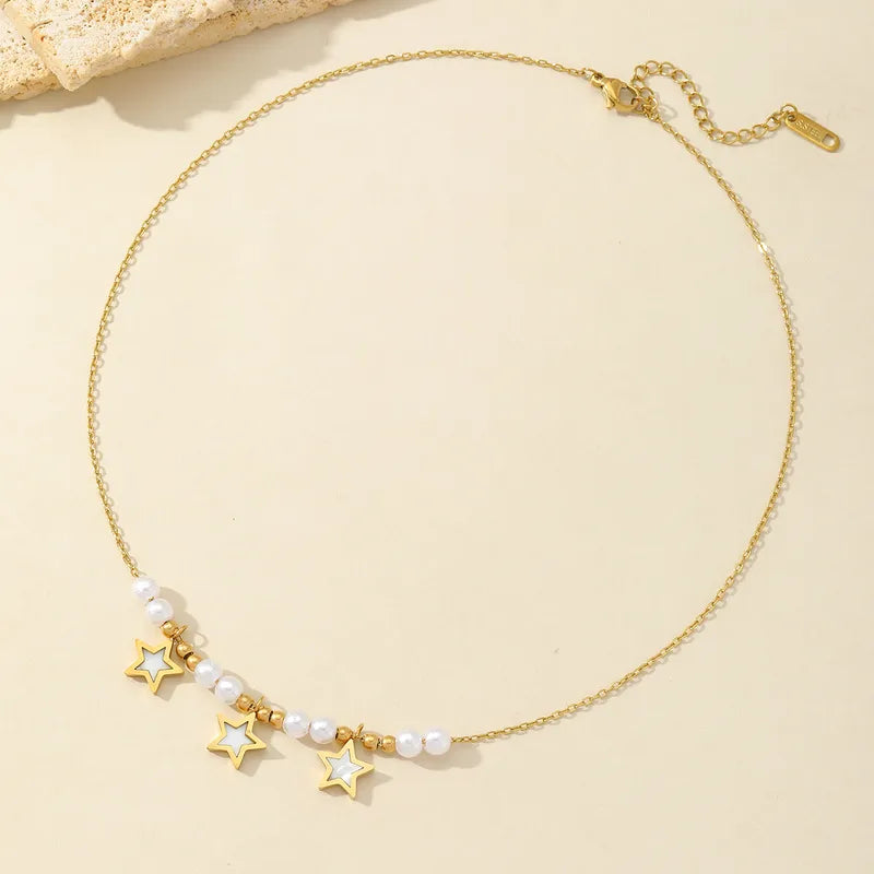 Wholesale Jewelry Casual Elegant Romantic Star 304 Stainless Steel Acrylic 18K Gold Plated Pearl Inlay Pendant Necklace Multi Charms Necklace