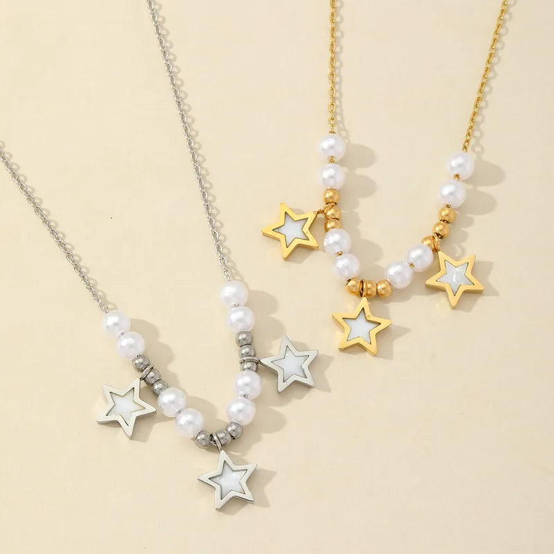 Wholesale Jewelry Casual Elegant Romantic Star 304 Stainless Steel Acrylic 18K Gold Plated Pearl Inlay Pendant Necklace Multi Charms Necklace