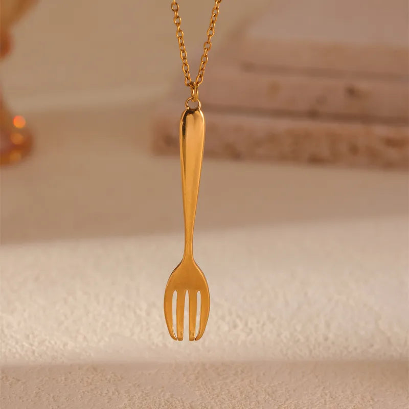 Wholesale Jewelry Casual Funny Spoon Fork Hammer 304 Stainless Steel 18K Gold Plated Pendant Necklace Cable Chain