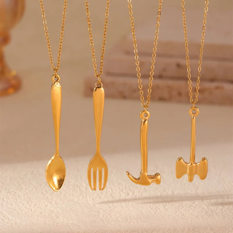 Wholesale Jewelry Casual Funny Spoon Fork Hammer 304 Stainless Steel 18K Gold Plated Pendant Necklace Cable Chain