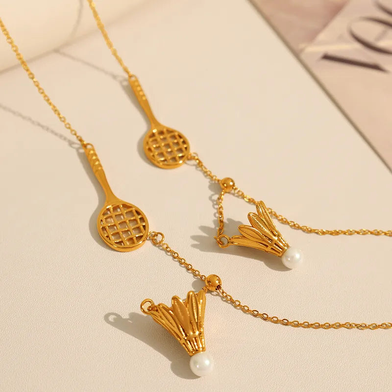 Wholesale Jewelry Casual Novelty Cool Style Badminton Racket 304 Stainless Steel Artificial Pearls 18K Gold Plated Polishing Plating Inlay Pendant Necklace