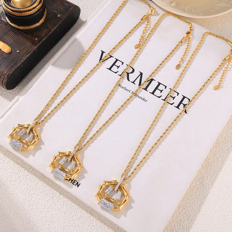 Wholesale Jewelry Casual Simple Style Bamboo 304 Stainless Steel Rhinestones 18K Gold Plated Inlay Pendant Necklace