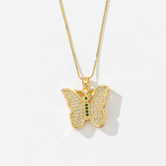 Wholesale Jewelry Casual Simple Style Classic Style Four Leaf Clover Butterfly Copper Zircon 18K Gold Plated Inlay Carving Pendant Necklace Necklace