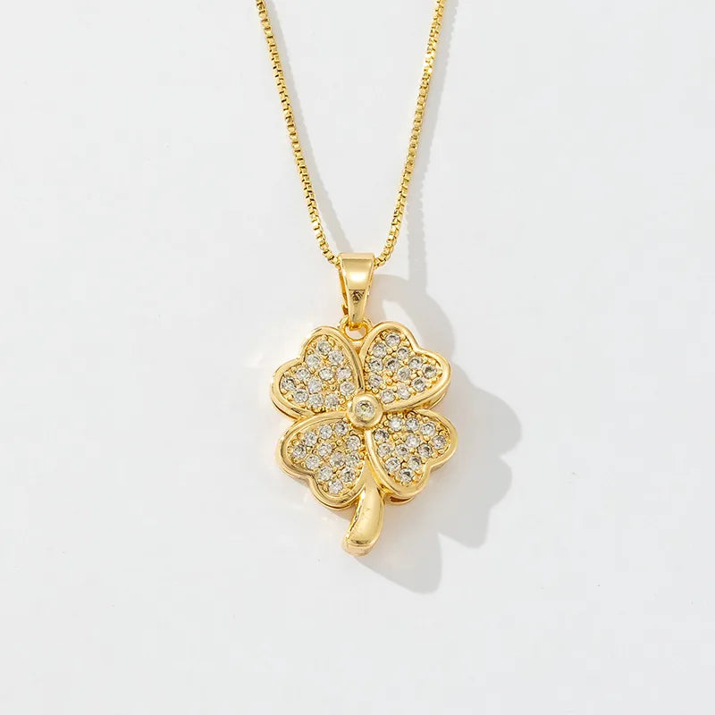 Wholesale Jewelry Casual Simple Style Classic Style Four Leaf Clover Butterfly Copper Zircon 18K Gold Plated Inlay Carving Pendant Necklace Necklace