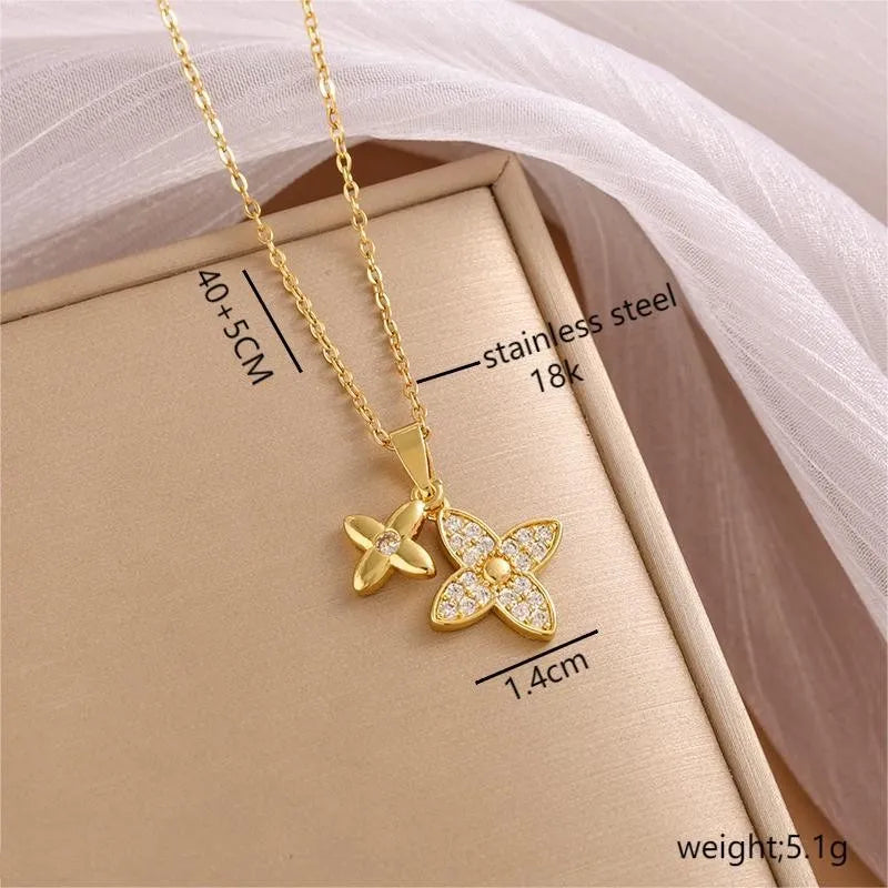 Wholesale Jewelry Casual Simple Style Four Leaf Clover 304 Stainless Steel Zircon 18K Gold Plated Inlay Pendant Necklace