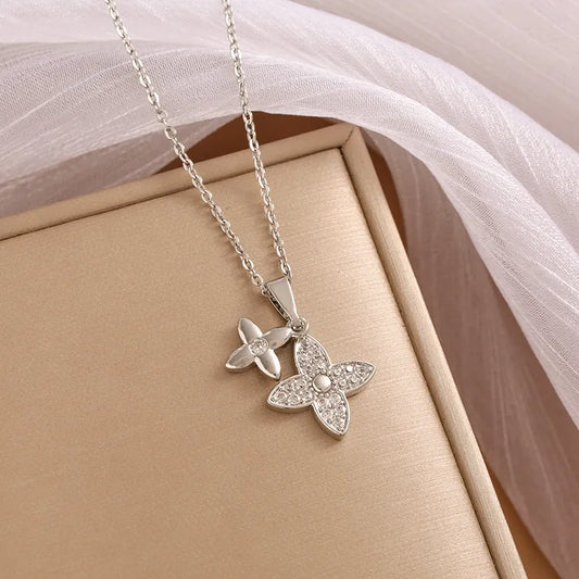 Wholesale Jewelry Casual Simple Style Four Leaf Clover 304 Stainless Steel Zircon 18K Gold Plated Inlay Pendant Necklace