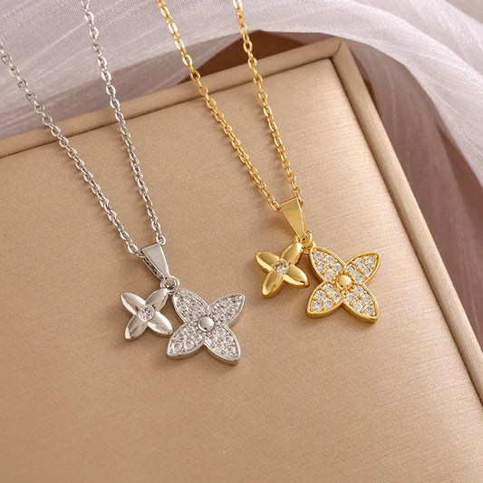 Wholesale Jewelry Casual Simple Style Four Leaf Clover 304 Stainless Steel Zircon 18K Gold Plated Inlay Pendant Necklace