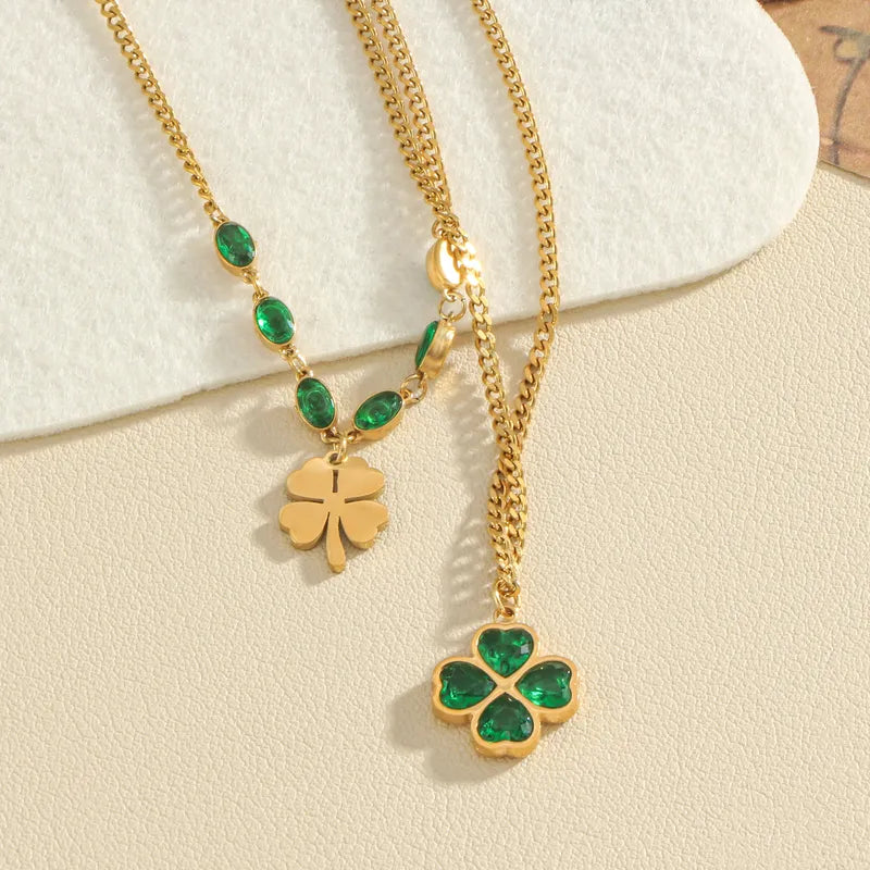 Wholesale Jewelry Casual Simple Style Four Leaf Clover Flower Titanium Steel Zircon 18K Gold Plated Layered Inlay Double Layer Necklaces