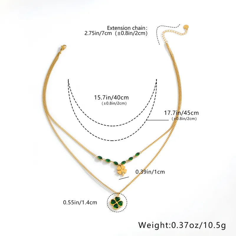 Wholesale Jewelry Casual Simple Style Four Leaf Clover Flower Titanium Steel Zircon 18K Gold Plated Layered Inlay Double Layer Necklaces