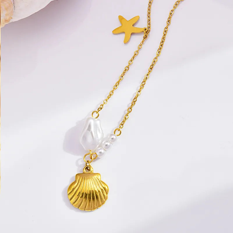 Wholesale Jewelry Casual Simple Style Shell Fish Tail Titanium Steel Pearl Pendant Necklace