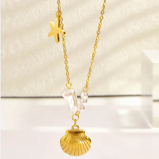 Wholesale Jewelry Casual Simple Style Shell Fish Tail Titanium Steel Pearl Pendant Necklace