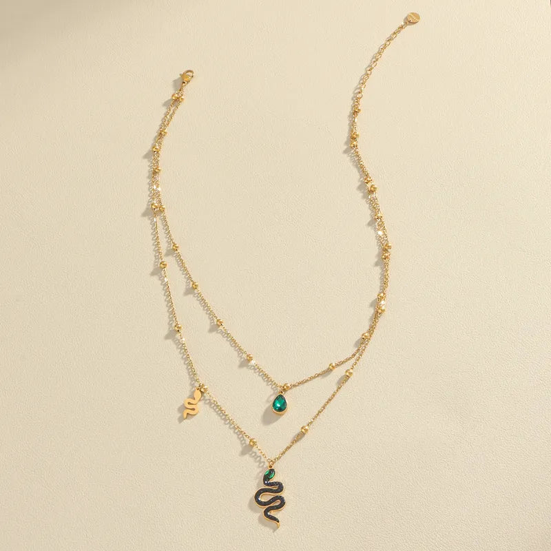 Wholesale Jewelry Casual Simple Style Water Droplets Snake Titanium Steel Rhinestones Zircon 18K Gold Plated Layered Inlay Double Layer Necklaces