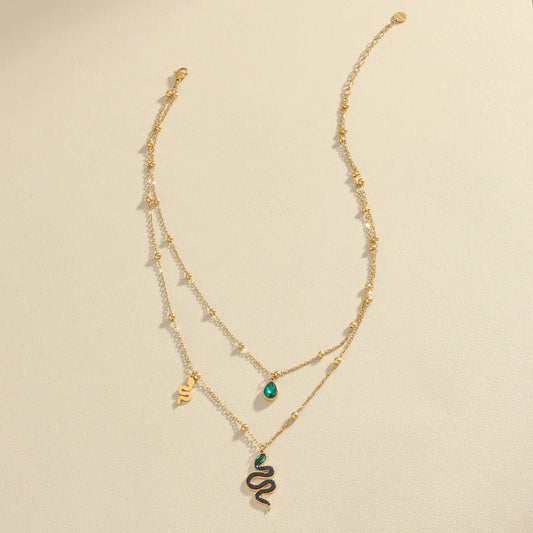 Wholesale Jewelry Casual Simple Style Water Droplets Snake Titanium Steel Rhinestones Zircon 18K Gold Plated Layered Inlay Double Layer Necklaces