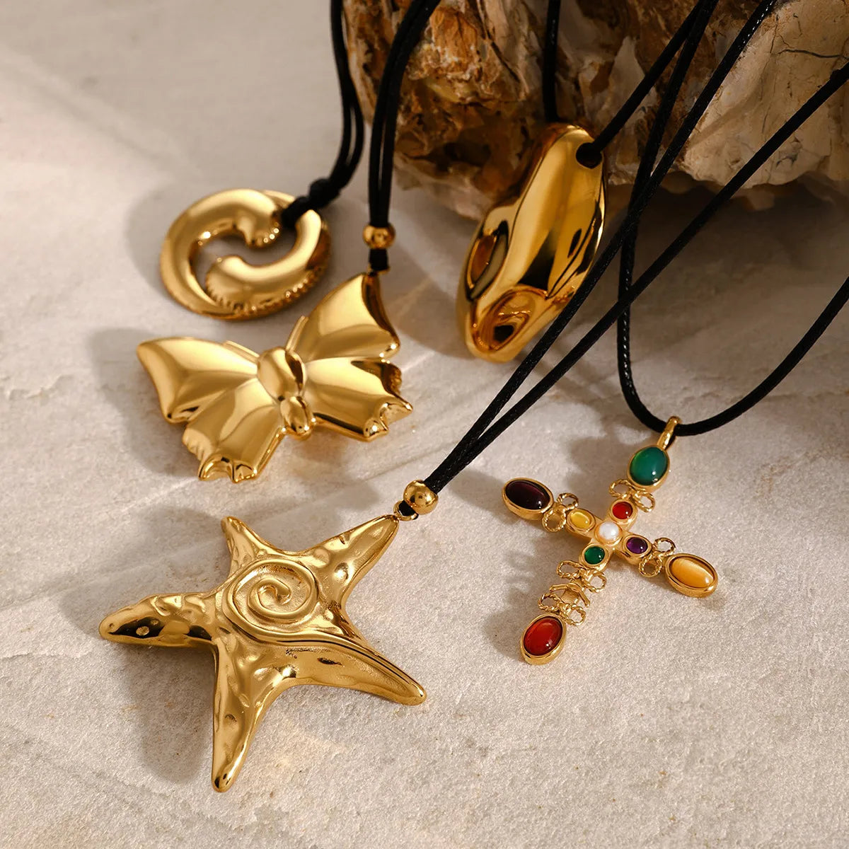 Wholesale Jewelry Casual Vacation Artistic Cross Starfish Butterfly 304 Stainless Steel Wax Rope Gem 18K Gold Plated Inlay Pendant Necklace