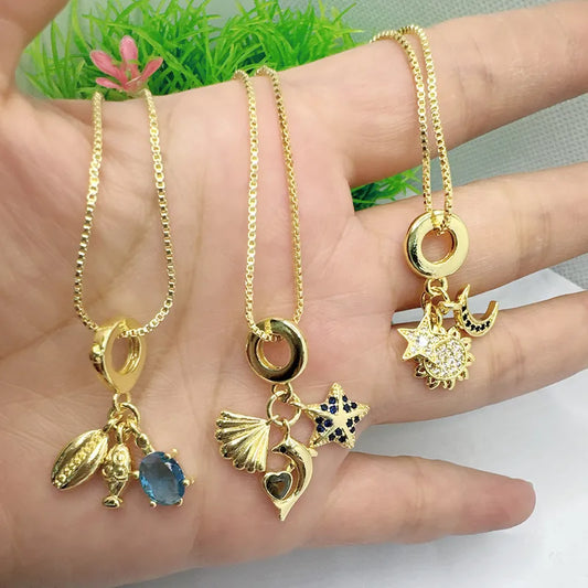 Wholesale Jewelry Casual Vacation Moon Dolphin Fish Copper Zircon 18K Gold Plated Inlay Pendant Necklace Box Chain