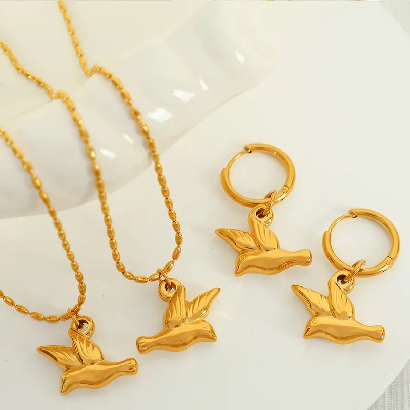 Wholesale Jewelry Casual Vintage Style Bird Titanium Steel 18K Gold Plated Earrings Necklace