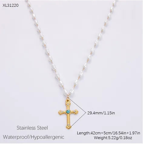 Wholesale Jewelry Casual Vintage Style Cross 304 Stainless Steel Artificial Pearl Multi Charms Necklace Necklace