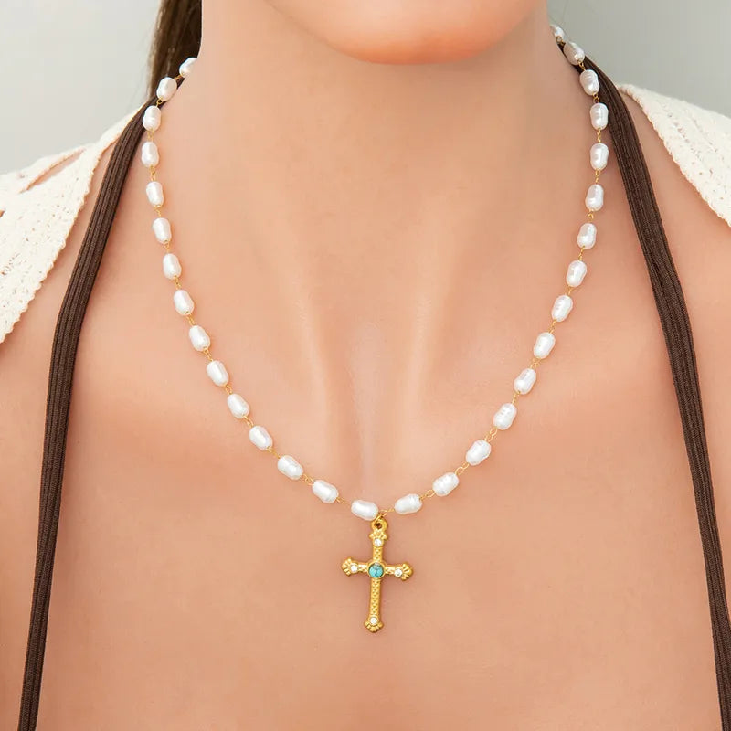 Wholesale Jewelry Casual Vintage Style Cross 304 Stainless Steel Artificial Pearl Multi Charms Necklace Necklace