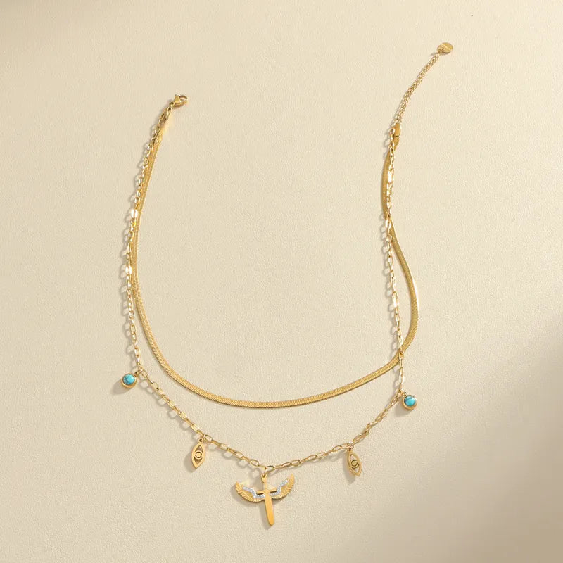 Wholesale Jewelry Casual Vintage Style Cross Eye Wings 304 Stainless Steel Turquoise Zircon 18K Gold Plated Hollow Out Inlay Double Layer Necklaces