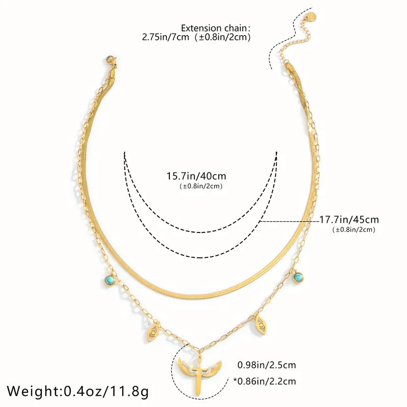 Wholesale Jewelry Casual Vintage Style Cross Eye Wings 304 Stainless Steel Turquoise Zircon 18K Gold Plated Hollow Out Inlay Double Layer Necklaces