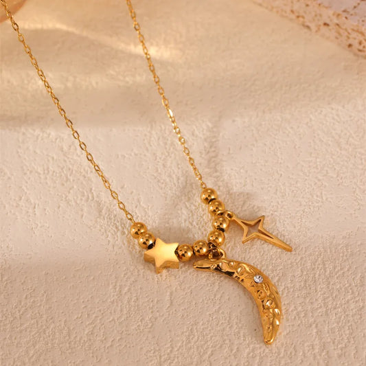 Wholesale Jewelry Casual Vintage Style Star Moon 304 Stainless Steel Zircon 18K Gold Plated Pendant Necklace Cable Chain